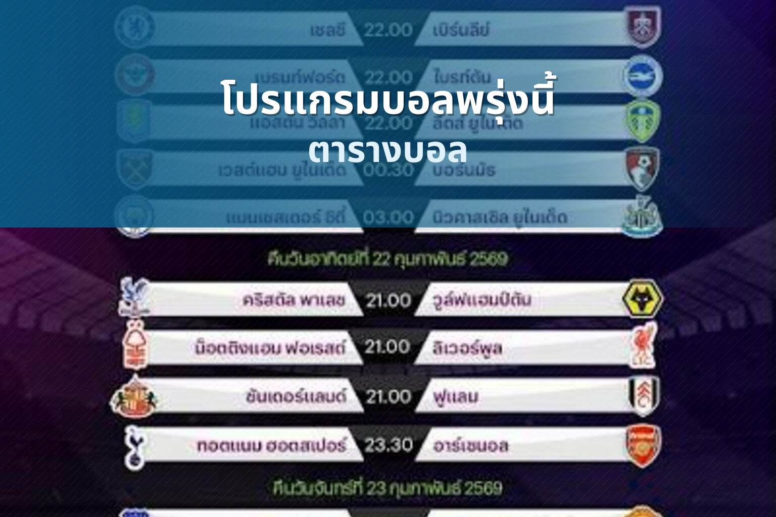 โปรแกรมบอลพรุ่งนี้ ตารางบอล