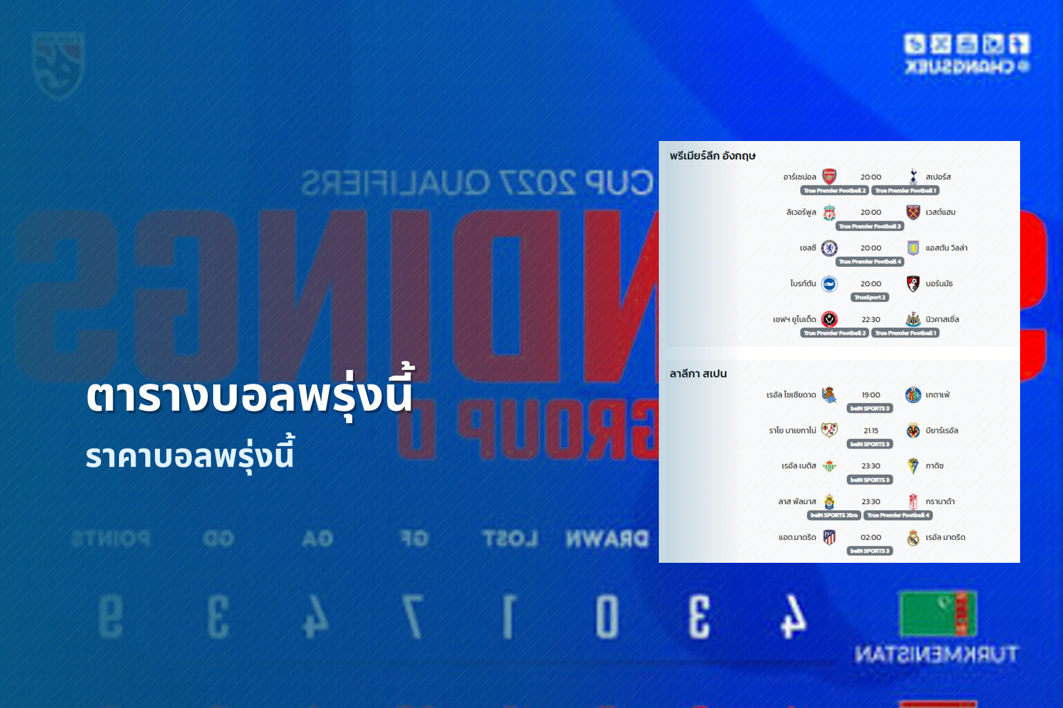 ตารางบอลพรุ่งนี้ ราคาบอลพรุ่งนี้